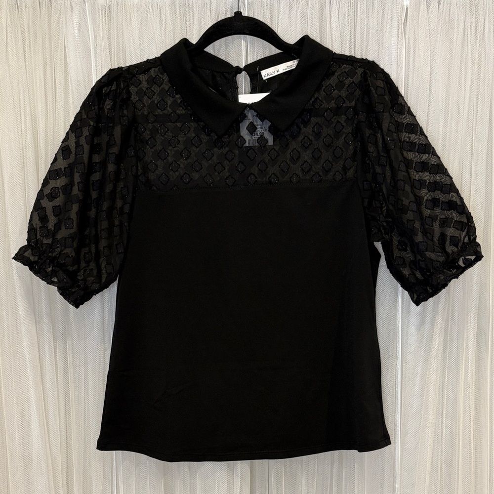 NWT Chic Black Blouse with Sheer Details and Puff Sleeves